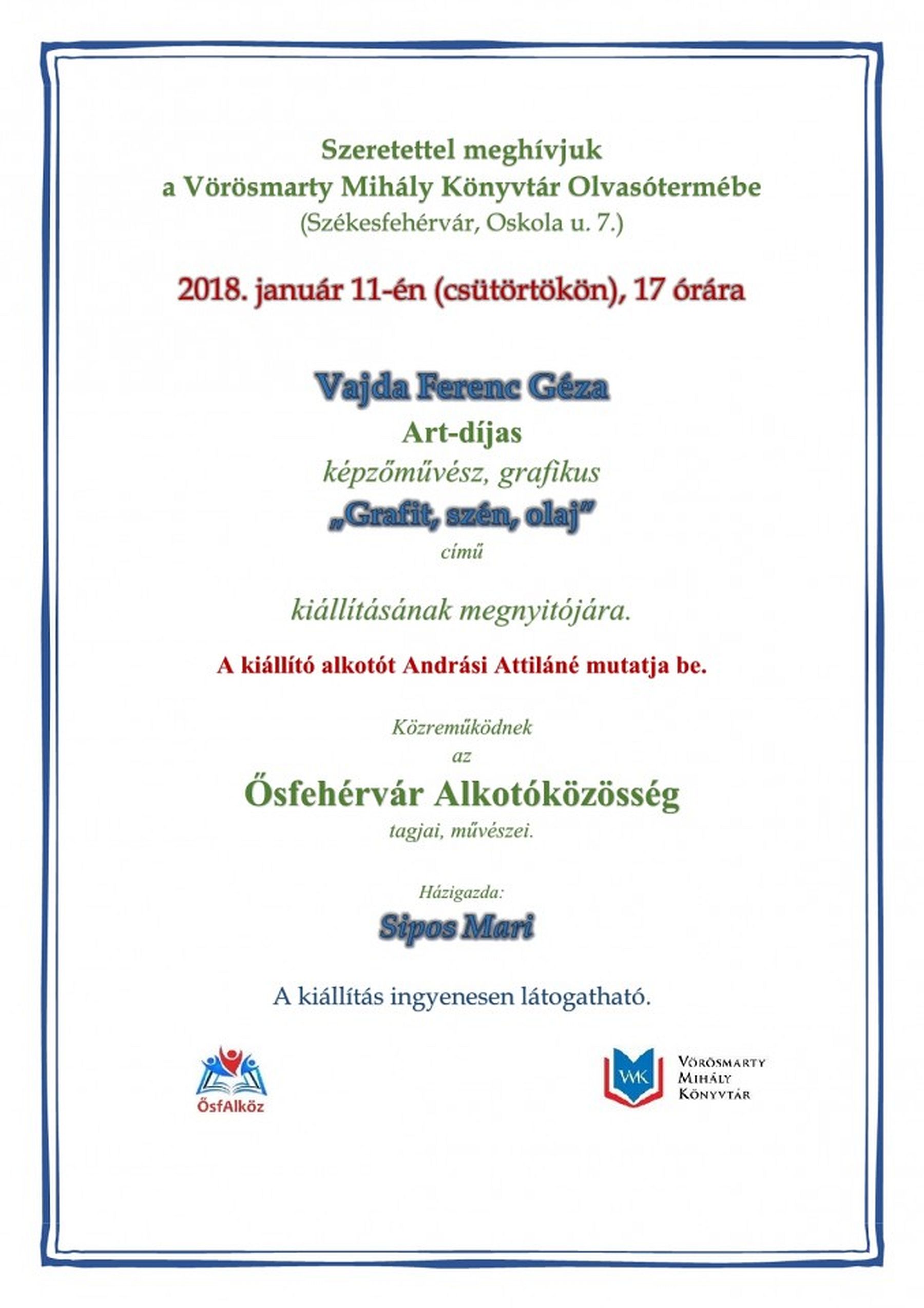 Vajda Ferenc Géza kiállításának megnyitója csütörtökön az Olvasóteremben